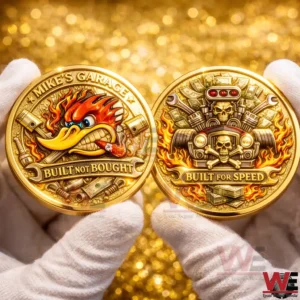 Mike’s Garage Rebellion Coin 3 White gloved hands holding two gold garage themed coins showing Mikes Garage Built Not Bought and Built For Speed designs against a glittering gold background.