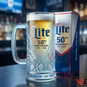 Miller Lite fifty year anniversary beer mug with golden beer and foam next to product box!
