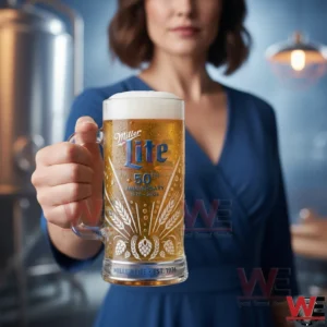 Miller Lite 50th Anniversary Beer Mug 3 Person holding a Miller Lite fifty year anniversary beer mug filled with beer!