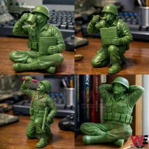 Green army soldier figurines in multiple poses displayed on a wooden desk!