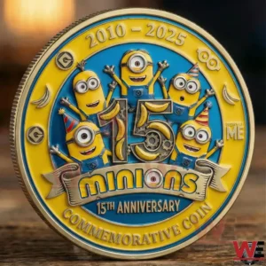 A round Minions themed commemorative coin with raised characters a large fifteen centerpiece and bright yellow blue colors standing on a wooden surface!