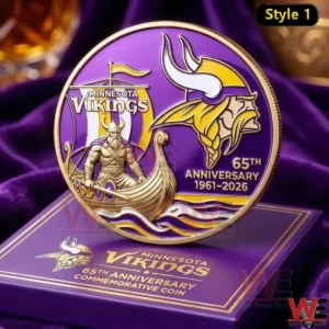 Minnesota Vikings commemorative coin with viking warrior longship team logo and purple gold anniversary design!
