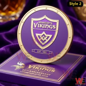 Minnesota Vikings 65th Anniversary 1961-2026 Commemorative Coin 5 Minnesota Vikings commemorative coin showing shield emblem purple background gold trim and anniversary theme!