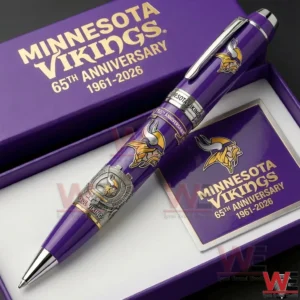 Minnesota Vikings sixty fifth anniversary ballpoint pen in a presentation box featuring purple and silver colors team logo anniversary text and stadium themed artwork.