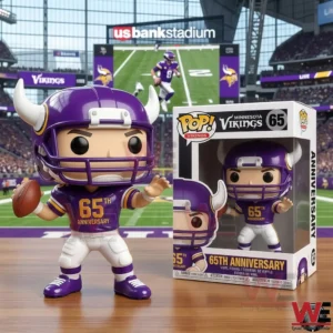 Vinyl football figure in purple Vikings uniform with 65th anniversary text holding a football beside the product box in a stadium scene.