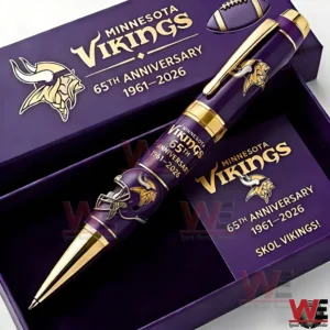 Minnesota Vikings commemorative pen in an open purple gift box with 65th Anniversary 1961 2026 text team logo and a matching card that says Skol Vikings!