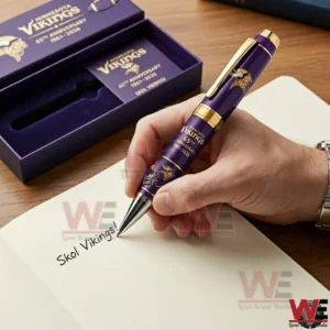 Hand writing with a Minnesota Vikings purple and gold anniversary pen with team logo and 1961 2026 text while an open gift box and matching card sit on a desk!