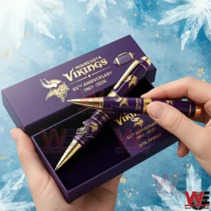 Hands holding a Minnesota Vikings pen set with purple gift box 65th Anniversary 1961 2026 text team logo and Skol Vikings card on an icy blue background!