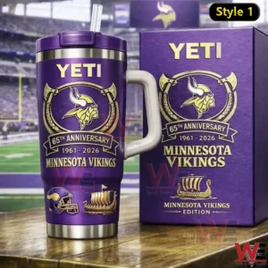 Purple Minnesota Vikings insulated tumbler with team logo and anniversary design placed on a table with a stadium background and matching presentation box!