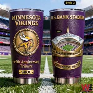 Minnesota Vikings 65th Anniversary US Bank Stadium Tumbler 3 Pair of purple Minnesota Vikings insulated tumblers showing team logo tribute design and stadium illustration positioned on a football field background!