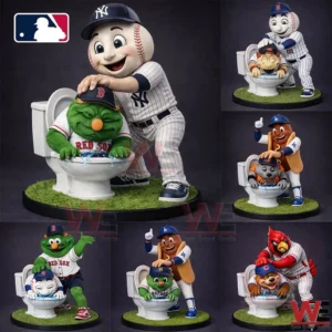 Collection of funny baseball mascot figurines posed in playful scenes on display bases!