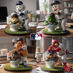 Baseball mascot figurines displayed on a desk in humorous playful poses!