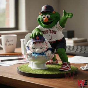 Green baseball mascot figurine posed playfully on a desk display!