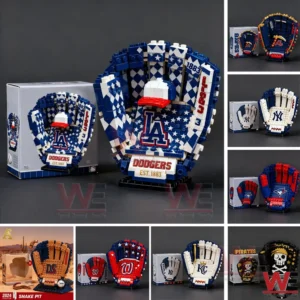 Collage of MLB building block glove and baseball sets with team colors and logos including a large Dodgers glove model and multiple other team variants shown with product boxes!