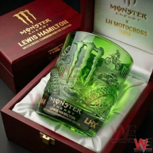 Monster Energy x Lewis Hamilton Full Throttle 2026 Glass 4 Monster Energy Lewis Hamilton motocross commemorative green glass displayed inside an elegant wooden presentation box!