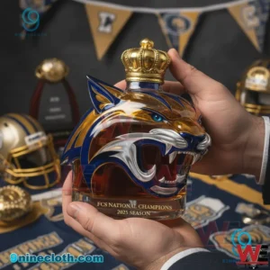 Hands holding a Montana State Bobcats whisky bottle shaped like a bobcat head with amber liquid blue gold details and a crown stopper in a championship display setting!
