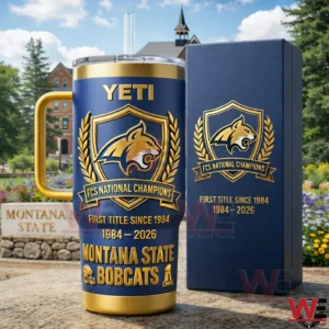 Blue and gold tumbler with handle and straw beside a matching gift box featuring Montana State Bobcats FCS National Champions crest in an outdoor campus setting!