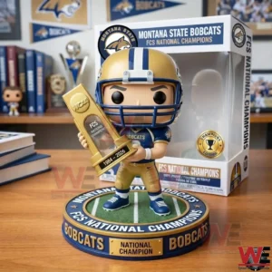 Montana State Bobcats football collectible figure holding a championship trophy on a field styled base with a matching national champions box behind it!