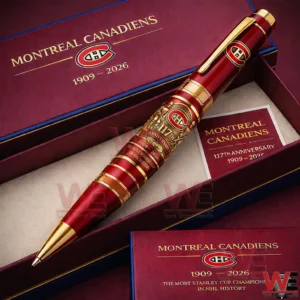 Montreal Canadiens anniversary ballpoint pen resting in a red presentation box with gold accents and detailed engravings!