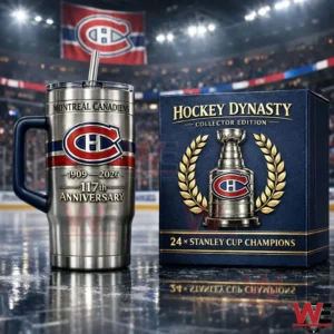 Stainless Montreal Canadiens 117th anniversary tumbler with handle and straw beside a hockey dynasty collectors edition box in a hockey arena!