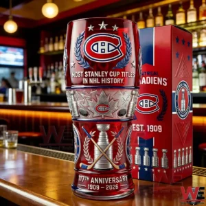 Montreal Canadiens themed beer glass with championship symbols and anniversary design on a bar counter!