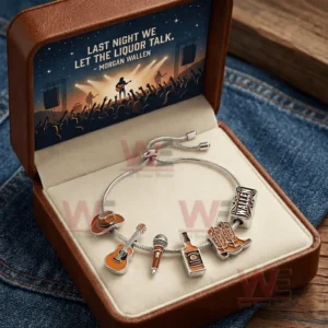 Gift boxed adjustable charm bracelet with western music charms including cowboy hat guitar microphone whiskey bottle boots and Wallen name charm inside a brown box with concert artwork.