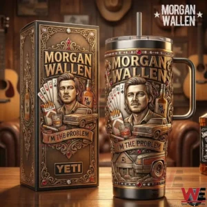 Insulated tumbler with detailed Morgan Wallen themed artwork and matching box on a wooden table!