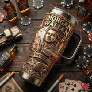 Morgan Wallen I'm The Problem Yeti Tumbler 5 Morgan Wallen themed insulated tumbler lying on a table with cards and whiskey bottles!