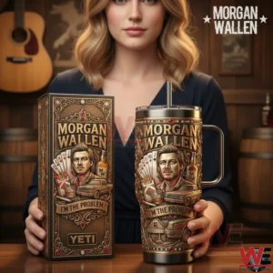 Morgan Wallen I'm The Problem Yeti Tumbler 7 Woman holding a Morgan Wallen themed insulated tumbler and its box indoors!