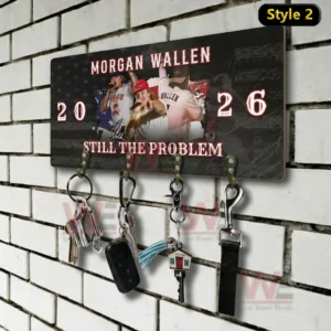 Morgan Wallen Still The Problem 2026 Tour Personalized Wall Key Holder 9 Morgan Wallen 2026 still the problem key holder plaque with concert imagery and four hooks holding keys on a brick wall.