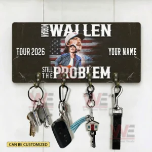 Morgan Wallen Still The Problem 2026 Tour Personalized Wall Key Holder 10 Morgan Wallen tour 2026 key holder plaque with your name customization and four hooks holding keys on a light wall.