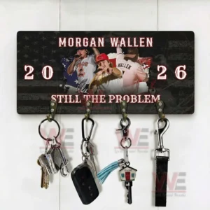 Morgan Wallen Still The Problem 2026 Tour Personalized Wall Key Holder 11 Morgan Wallen 2026 still the problem key holder plaque with stage photo collage and four hooks holding keys on a light wall.