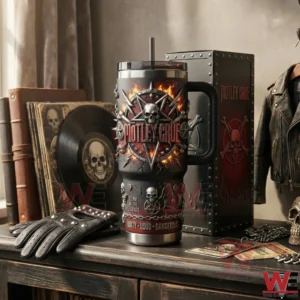 Dark rock themed tumbler with handle featuring a skull and star emblem next to a matching collector box on a wooden table!