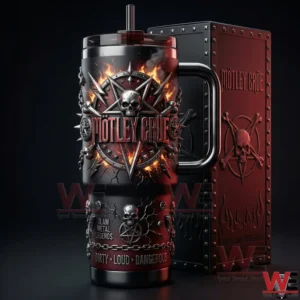 Motley Crue Unity Loud Dangerous 40oz Tumbler With Handle 4 Studio view of a dark rock themed tumbler with handle featuring a fiery skull emblem and matching box!