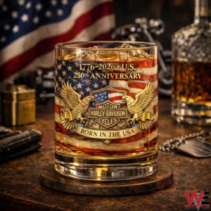 Whiskey glass with American flag eagle emblem and Harley Davidson Motor Cycles Born In The USA design!