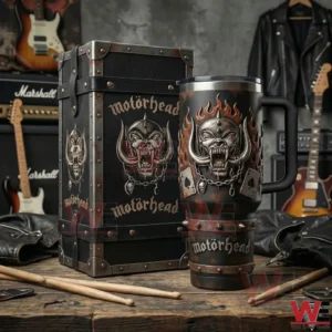 Metal style insulated tumbler with handle and straw next to a matching box on a wooden table in a music themed setting!