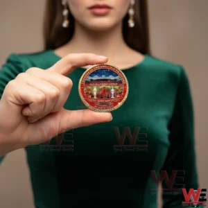 A Manchester United themed collectible coin is shown held at center frame to emphasize design and craftsmanship!
