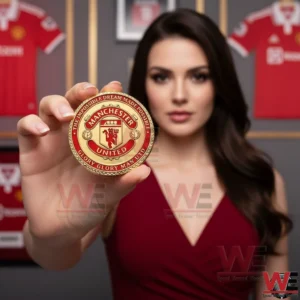 MU Manchester United Theatre of Deams Old Trafford Coin 5 A Manchester United collectible coin is displayed in hand with strong focus on the central emblem!