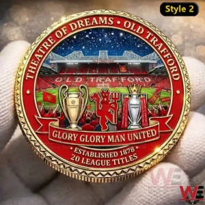 MU Manchester United Theatre of Deams Old Trafford Coin 7 A Manchester United collectible coin is displayed in close focus to emphasize stadium artwork and fine details!