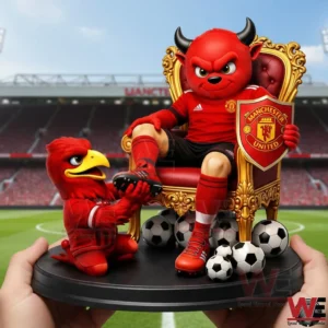 Manchester United red devil statue on a golden throne with footballs Liverpool bird figure and stadium background!