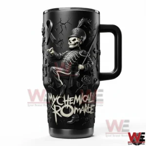 Front view of a My Chemical Romance insulated tumbler with handle marching skeleton character cracked textures gothic accents and bold My Chemical Romance lettering on a white background!