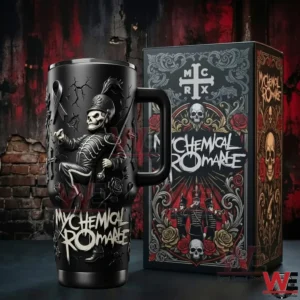 My Chemical Romance insulated tumbler with handle and straw next to a matching themed gift box with skull and rose artwork in a gritty gothic background!