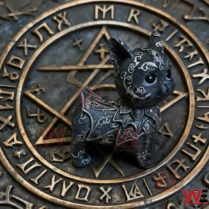 Black cat statue with silver engravings standing on a magical symbol circle background in a dark fantasy style setting!