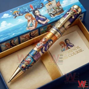 A themed collectible pen displayed in a decorative box featuring anime characters and pirate inspired artwork!