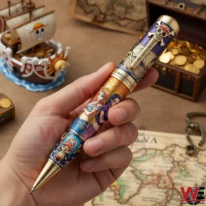 A hand holding an anime themed collectible pen with character artwork and pirate adventure background!