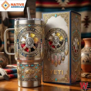 Native American heritage stainless steel tumbler with ornate cultural design and matching box on wooden table!