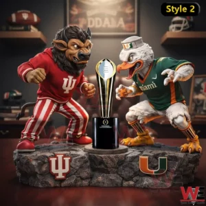 A pair of football mascots confront each other beside a championship trophy on a display base!