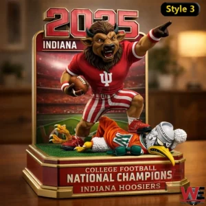 A championship themed Indiana Hoosiers mascot is shown in a commanding victory stance!