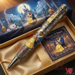 The image shows a finely detailed Beauty and the Beast inspired pen resting on a soft fabric base inside a gift box surrounded by illustrated scenes of a magical castle and beloved characters!