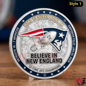 New England Patriots commemorative coin with football design team logo winter details and championship message displayed on a wooden surface!